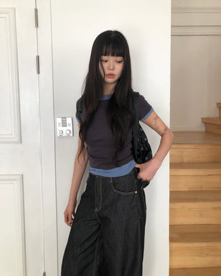 Color-blocked shirred T-shirt