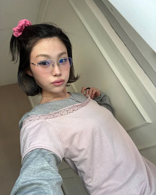 Lace off-shoulder layered long t-shirt
