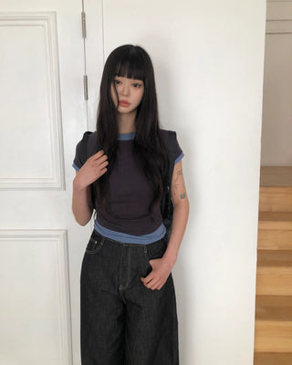 Color-blocked shirred T-shirt