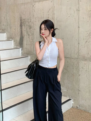 Shirred halter neck shirt (2 colors)