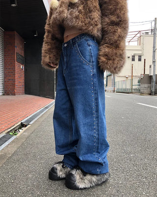Studded Line Point Straight Denim Pants
