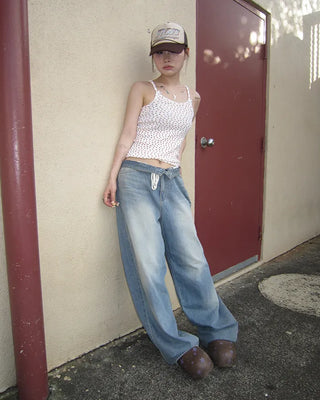 Strap Belt Washed Wide Denim Pants