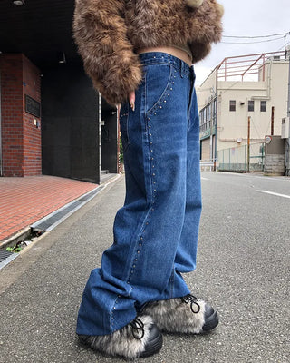 Studded Line Point Straight Denim Pants