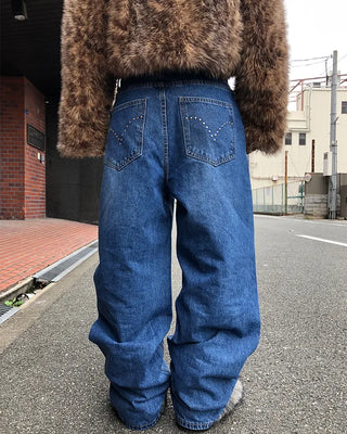 Studded Line Point Straight Denim Pants