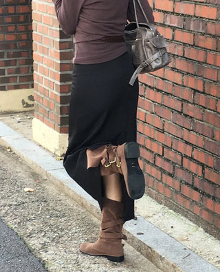 Slit elastic waist long skirt