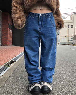 Studded Line Point Straight Denim Pants