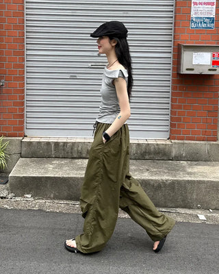 (Unisex) Nylon Wide-Leg Pants with Elastic Waistband