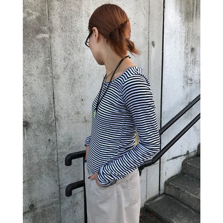 Striped U-neck long-sleeve T-shirt