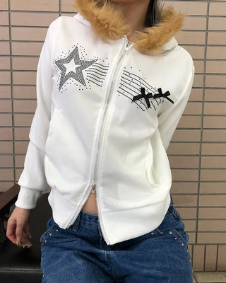Ribbon Shooting Star Double Zip Fur Hoodie