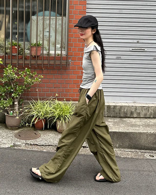 (Unisex) Nylon Wide-Leg Pants with Elastic Waistband
