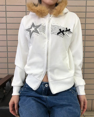 Ribbon Shooting Star Double Zip Fur Hoodie