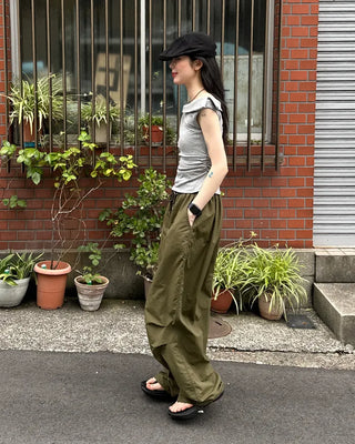 (Unisex) Nylon Wide-Leg Pants with Elastic Waistband