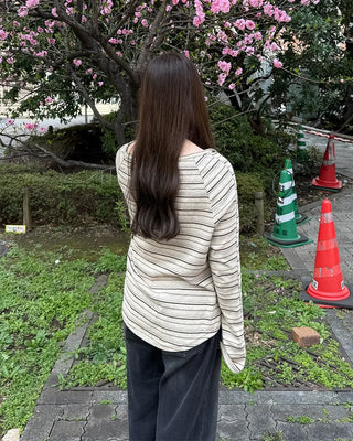 Striped button-down off-shoulder T-shirt