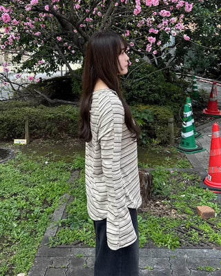 Striped button-down off-shoulder T-shirt