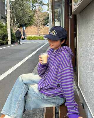 (Unisex) Striped Double Zip Waffle Knit Kangaroo Hoodie