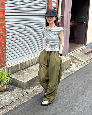 (Unisex) Nylon Wide-Leg Pants with Elastic Waistband