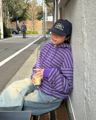 (Unisex) Striped Double Zip Waffle Knit Kangaroo Hoodie