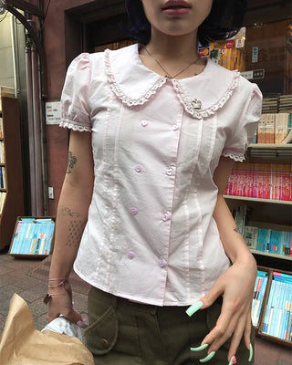 [6th Re-release] (ORIGINAL) Heart Button Lace Puff Blouse
