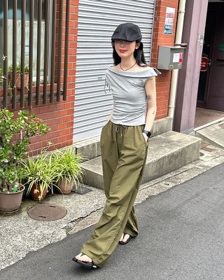(Unisex) Nylon Wide-Leg Pants with Elastic Waistband