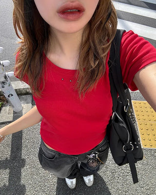 Studded Jewel Neck French T-Shirt
