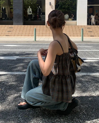 Elastic waistband drawstring denim wide-leg pants