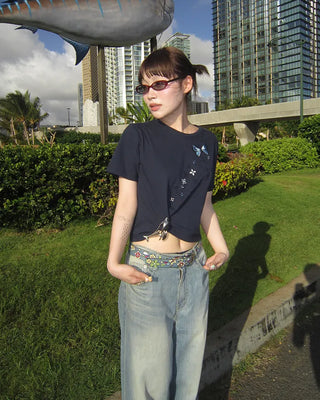 Strap Belt Washed Wide Denim Pants