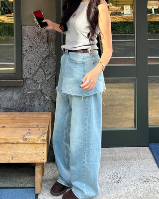 Cut-off wrap skirt & wide-leg denim set