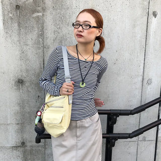 Striped U-neck long-sleeve T-shirt