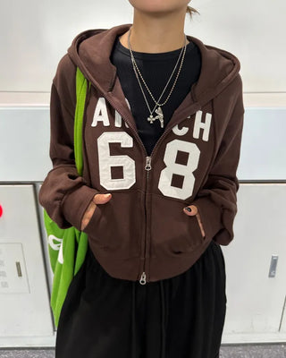 68 Patch Double Zip Cropped Hoodie