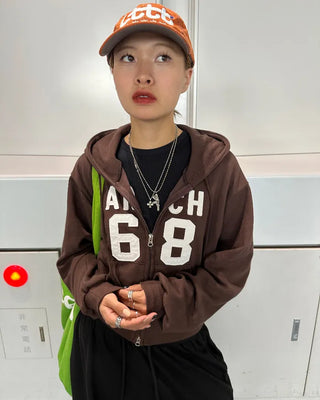 68 Patch Double Zip Cropped Hoodie