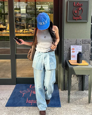 Cut-off wrap skirt & wide-leg denim set