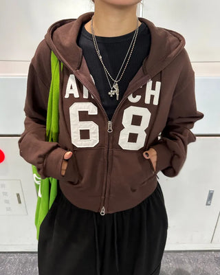 68 Patch Double Zip Cropped Hoodie