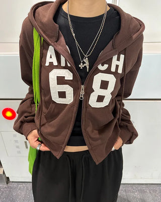 68 Patch Double Zip Cropped Hoodie