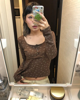 Henry Scooped Neck Flower Thermal Long T-Shirt