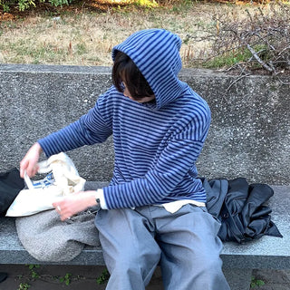 (Unisex) Striped Knit Hooded T-shirt