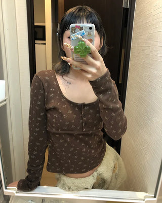 Henry Scooped Neck Flower Thermal Long T-Shirt