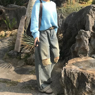 Distressed wide-leg denim pants