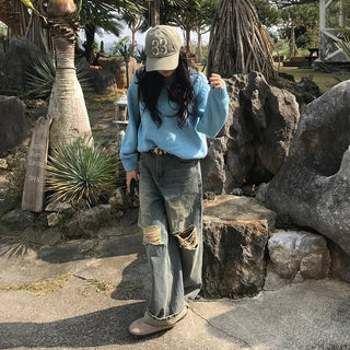 Distressed wide-leg denim pants