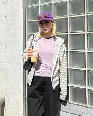Striped semi-cropped double-zip waffle hoodie