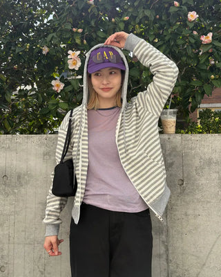 Striped semi-cropped double-zip waffle hoodie