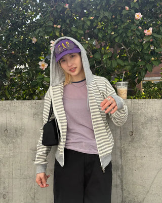 Striped semi-cropped double-zip waffle hoodie