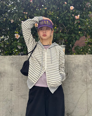 Striped semi-cropped double-zip waffle hoodie