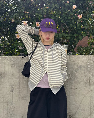 Striped semi-cropped double-zip waffle hoodie