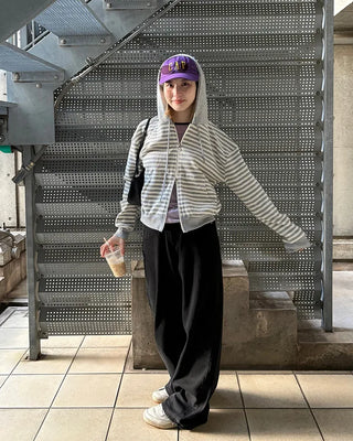 Striped semi-cropped double-zip waffle hoodie