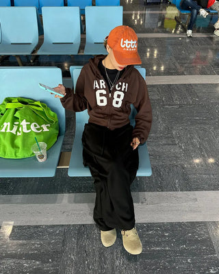 68 Patch Double Zip Cropped Hoodie
