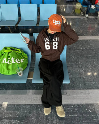 68 Patch Double Zip Cropped Hoodie