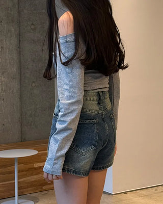 Washed denim shorts