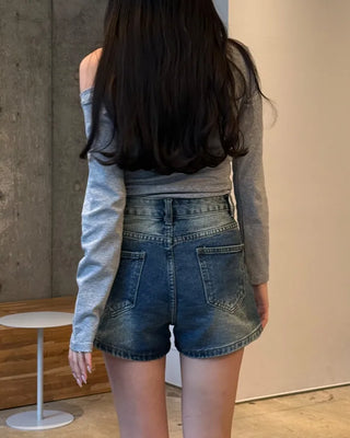 Number print off-shoulder long-sleeved T-shirt