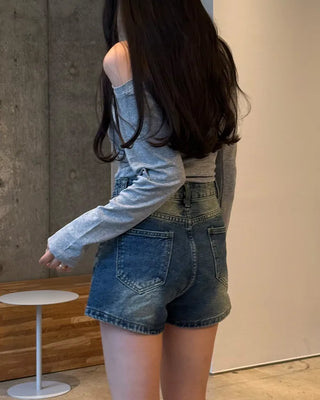 Number print off-shoulder long-sleeved T-shirt