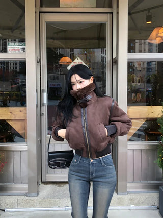 High-neck military shearling jacket